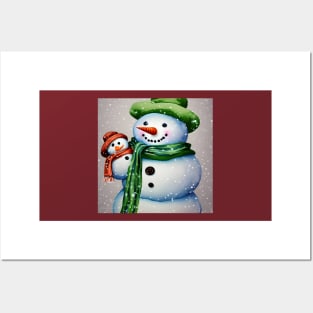 Cute Snowman holding a Baby Snowman under the Snow Posters and Art